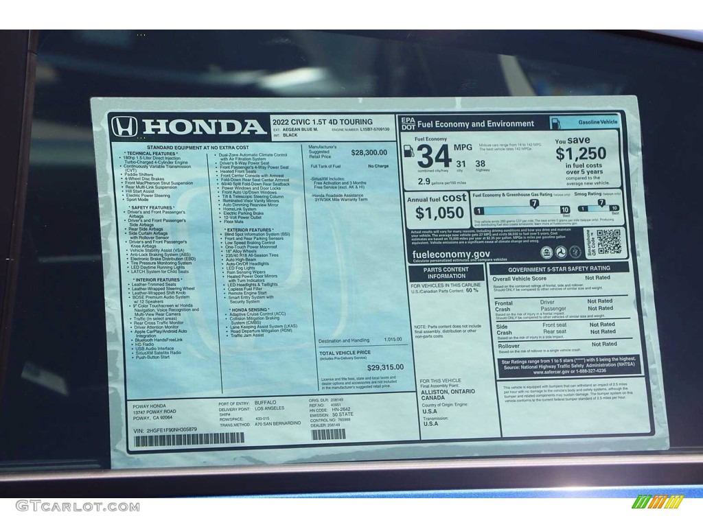 2022 Honda Civic Touring Sedan Window Sticker Photo #142711406