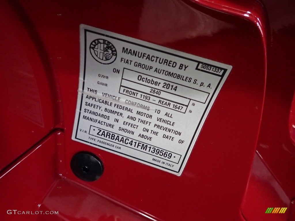 2015 Alfa Romeo 4C Launch Edition Coupe Info Tag Photos