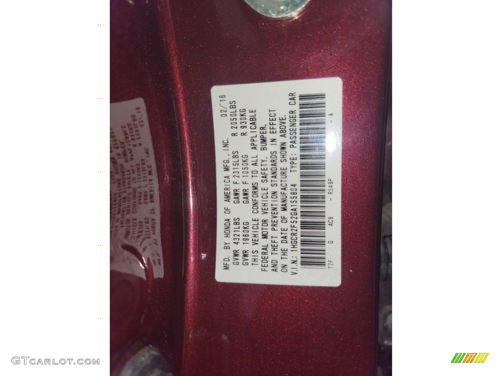 2016 Accord Color Code R548P for Basque Red Pearl II Photo #142732676