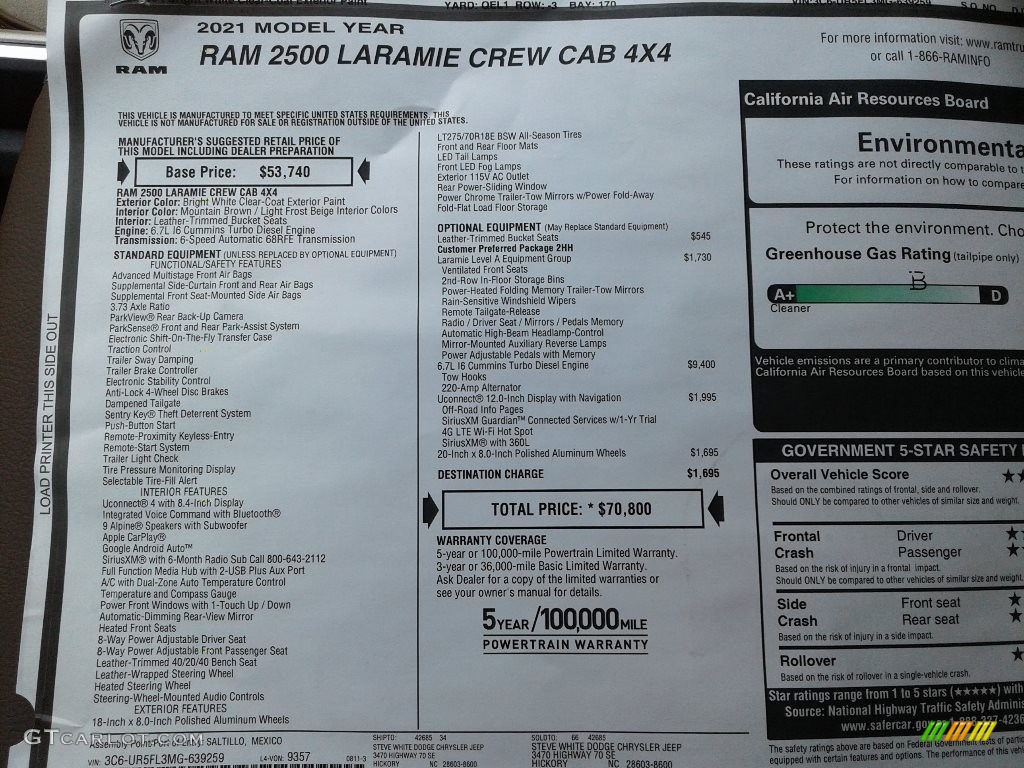 2021 Ram 2500 Laramie Crew Cab 4x4 Window Sticker Photo #142745434