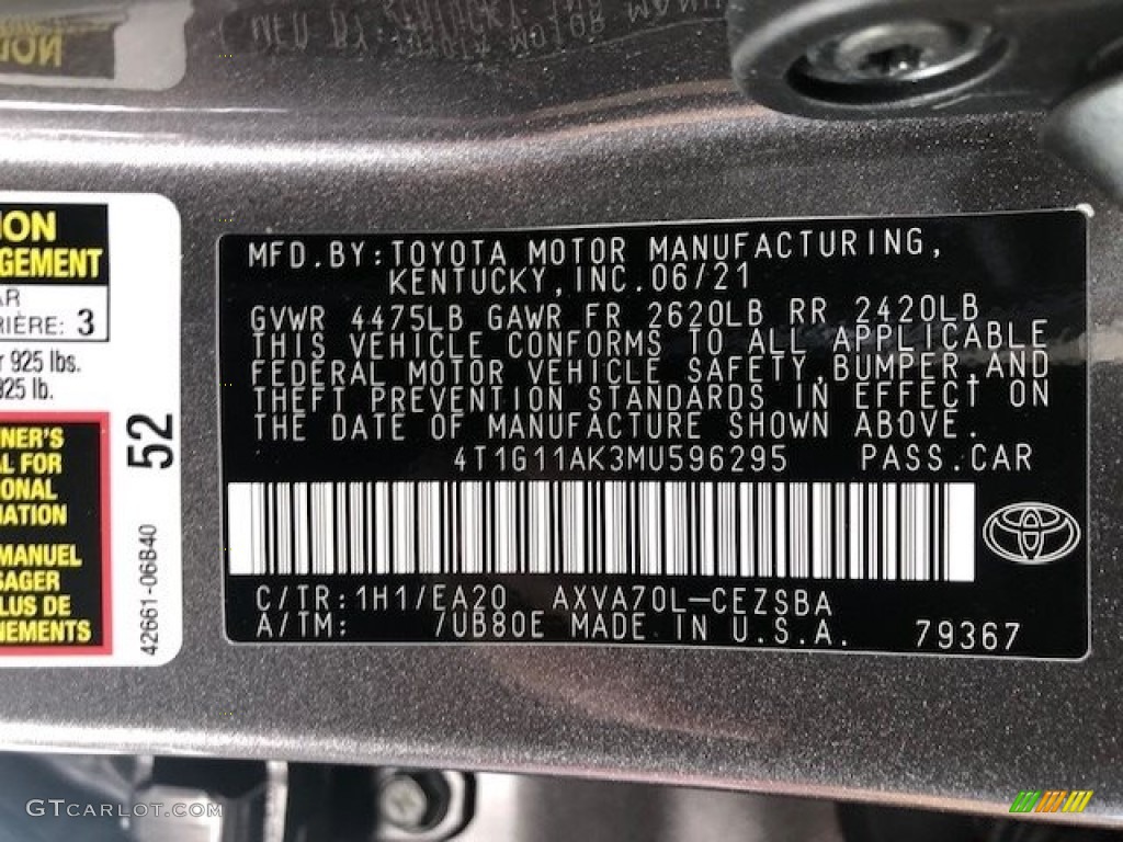 2021 Camry Color Code 1H1 for Predawn Gray Mica Photo #142745641