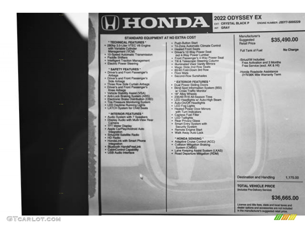 2022 Honda Odyssey EX Window Sticker Photo #142746535