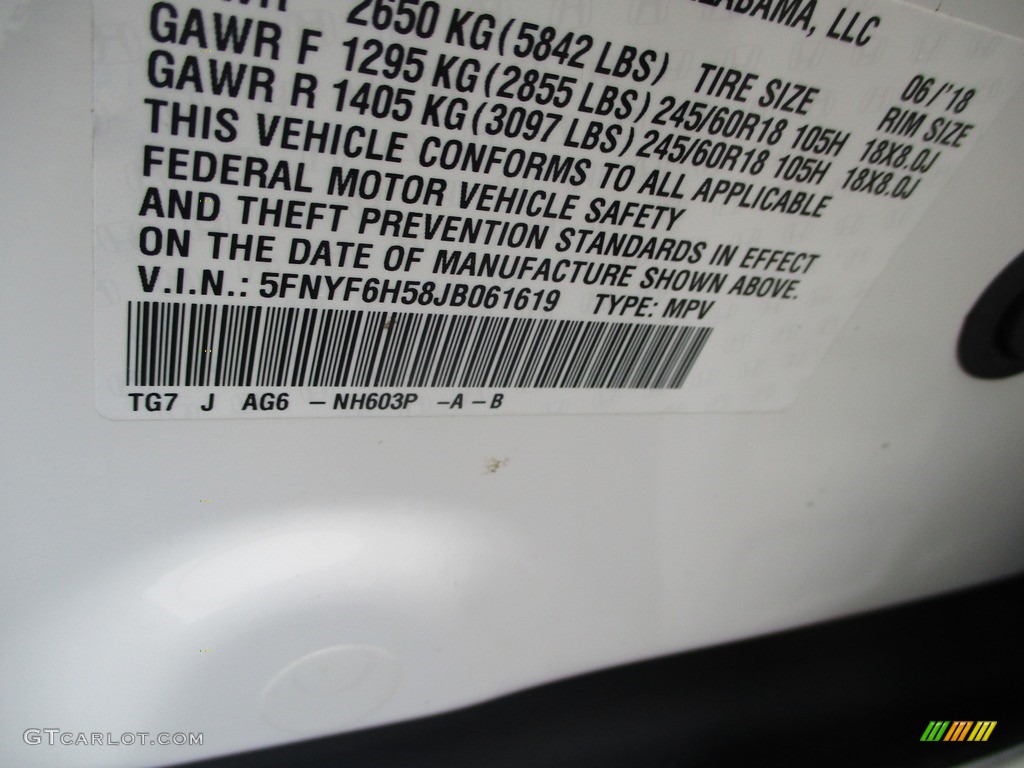 2018 Pilot Color Code NH603P for White Diamond Pearl Photo #142746922