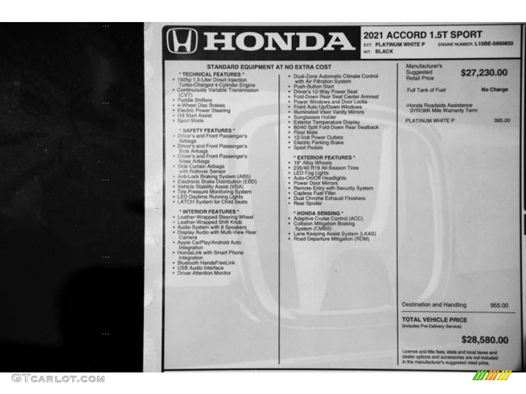 2021 Accord Sport - Platinum White Pearl / Black photo #37