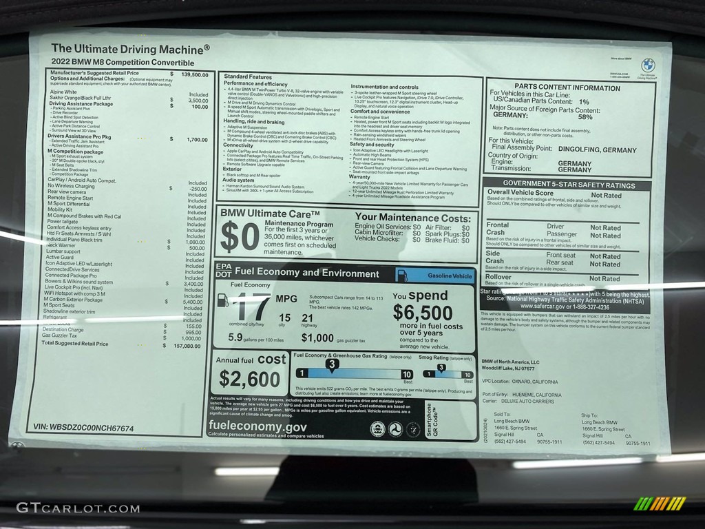 2022 BMW M8 Competition Convertible Window Sticker Photo #142764000