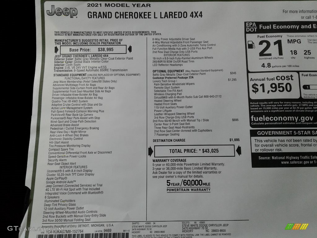 2021 Jeep Grand Cherokee L Laredo 4x4 Window Sticker Photo #142771575