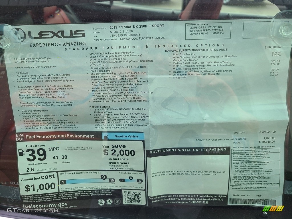 2019 Lexus UX 250h F Sport AWD Window Sticker Photos