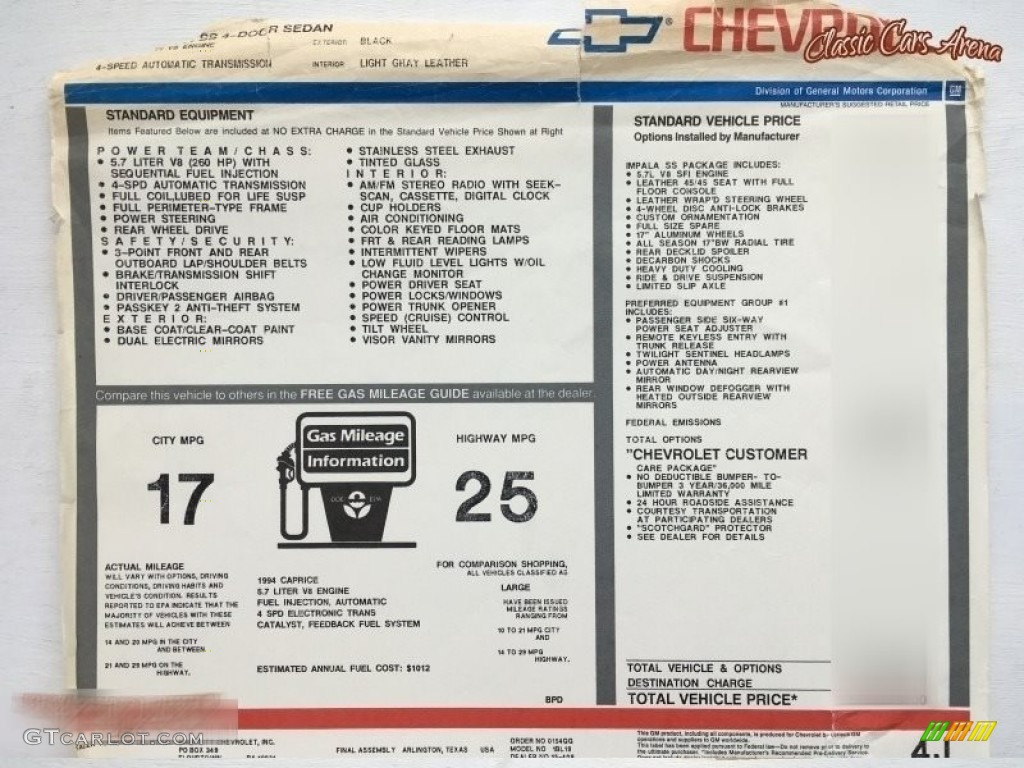 1994 Chevrolet Caprice Impala SS Window Sticker Photos