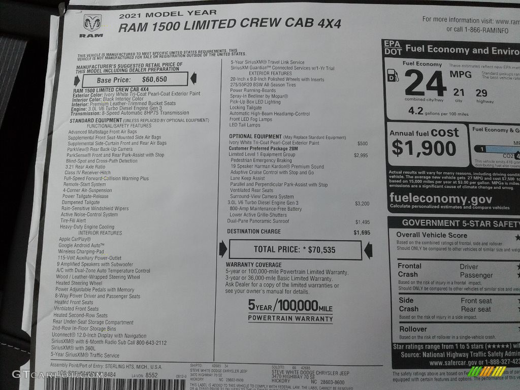 2021 Ram 1500 Limited Crew Cab 4x4 Window Sticker Photos