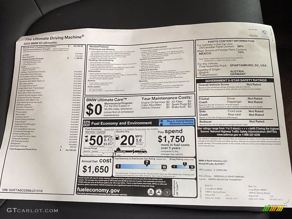 2022 BMW X5 xDrive45e Window Sticker Photo #142794560