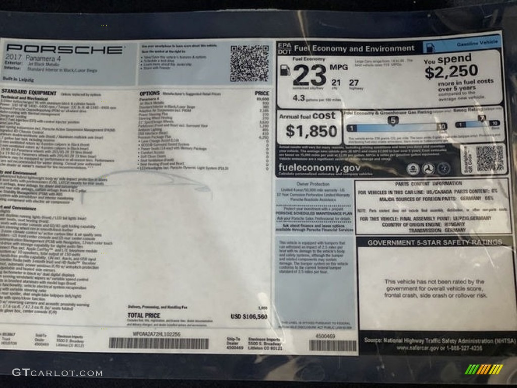 2017 Porsche Panamera 4 Window Sticker Photo #142796576