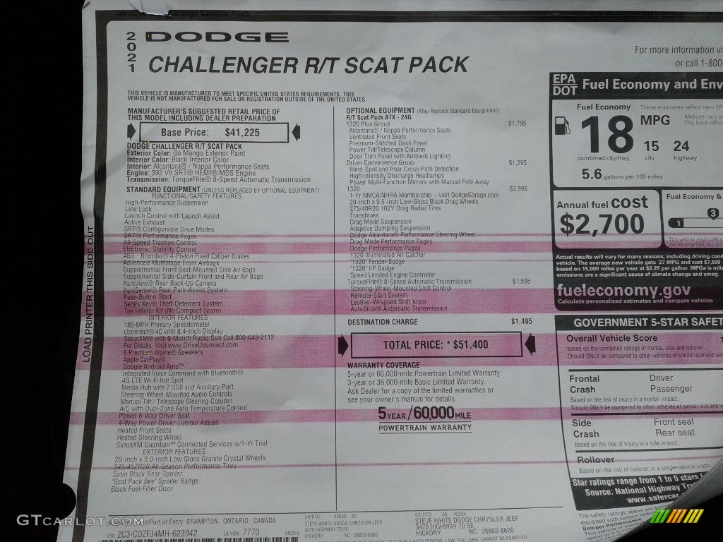 2021 Dodge Challenger R/T Scat Pack Window Sticker Photo #142796795