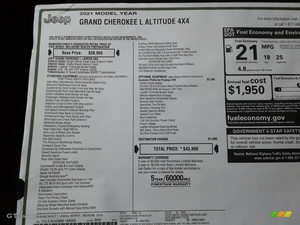 2021 Jeep Grand Cherokee L Altitude 4x4 Window Sticker Photos
