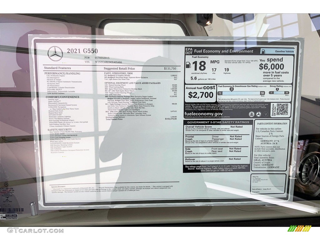 2021 Mercedes-Benz G 550 Window Sticker Photo #142806711