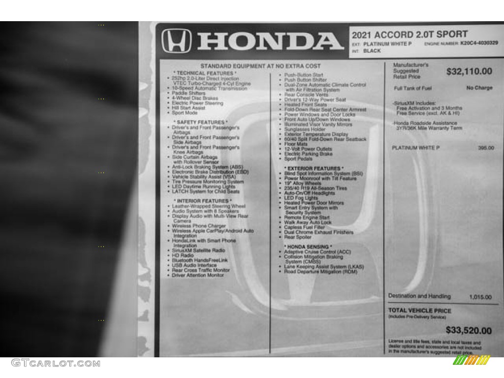 2021 Accord Sport - Platinum White Pearl / Black photo #40