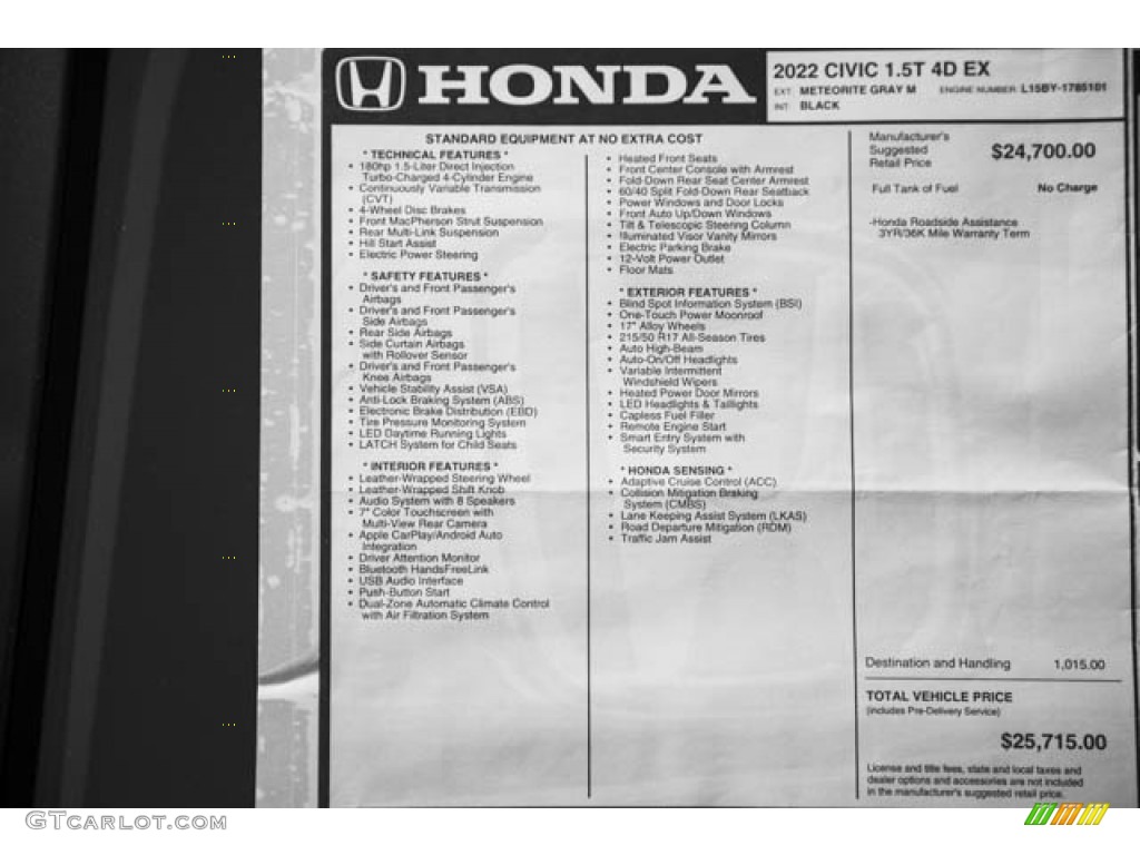2022 Honda Civic EX Sedan Window Sticker Photo #142838415