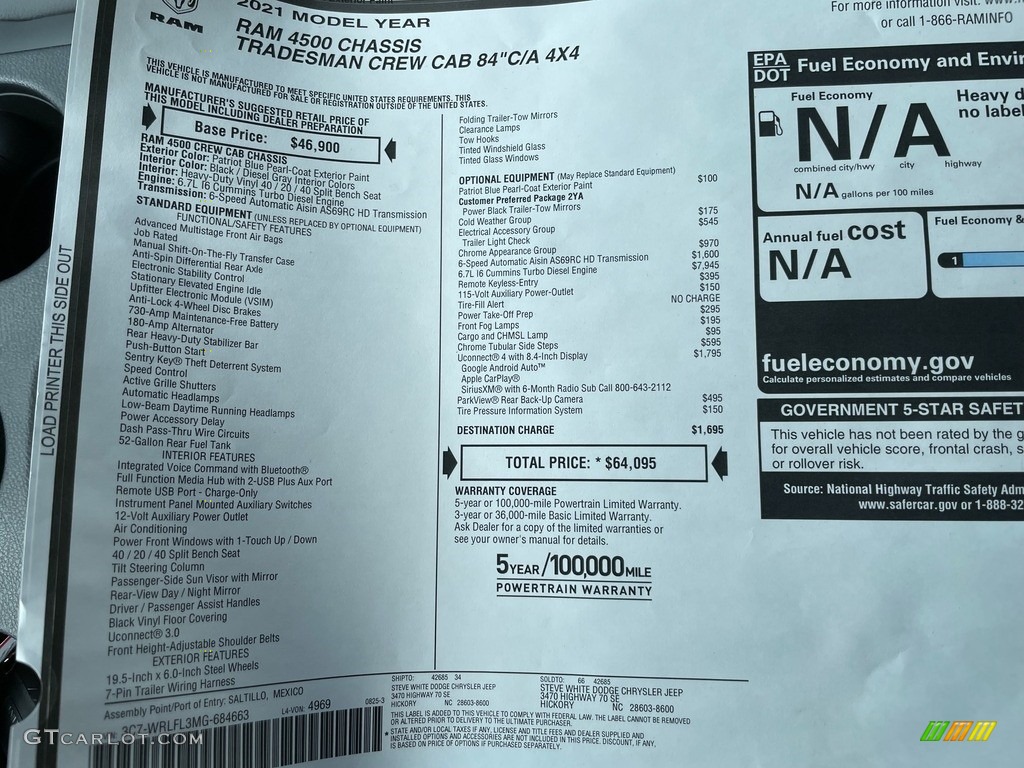 2021 Ram 4500 Tradesman Crew Cab 4x4 Chassis Window Sticker Photos