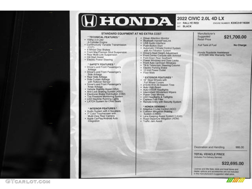 2022 Honda Civic LX Sedan Window Sticker Photo #142842759