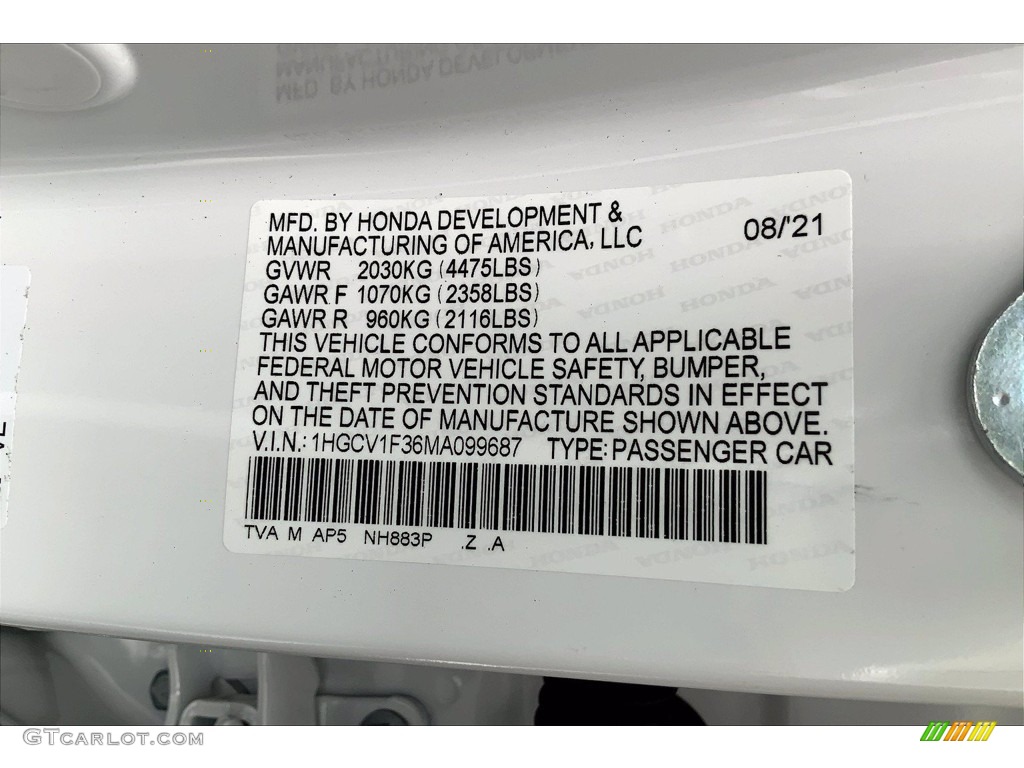 2021 Accord Color Code NH883P for Platinum White Pearl Photo #142851962