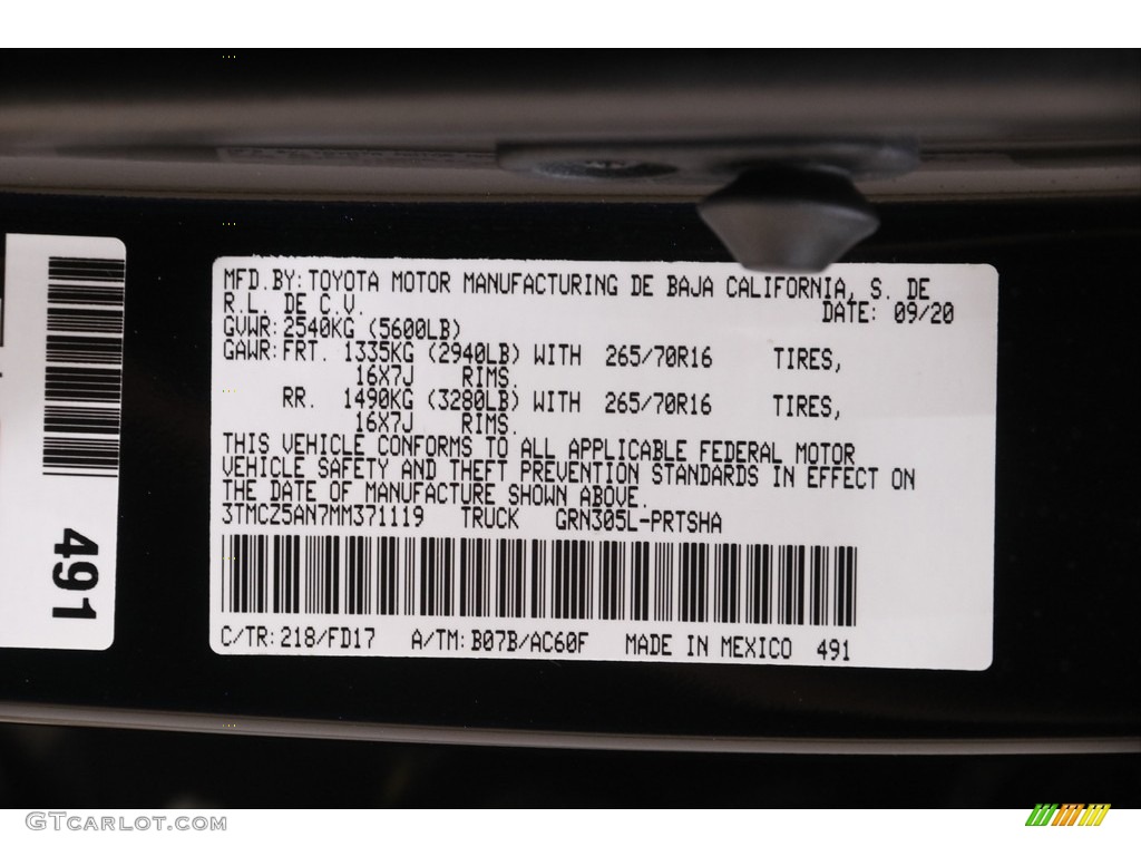2021 Tacoma Color Code 218 for Midnight Black Metallic Photo #142864995