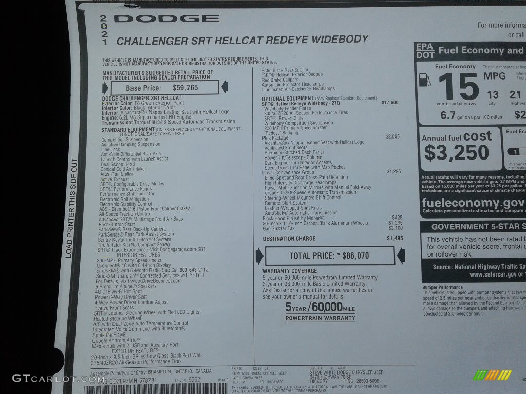 2021 Dodge Challenger SRT Hellcat Redeye Widebody Window Sticker Photo #142870941