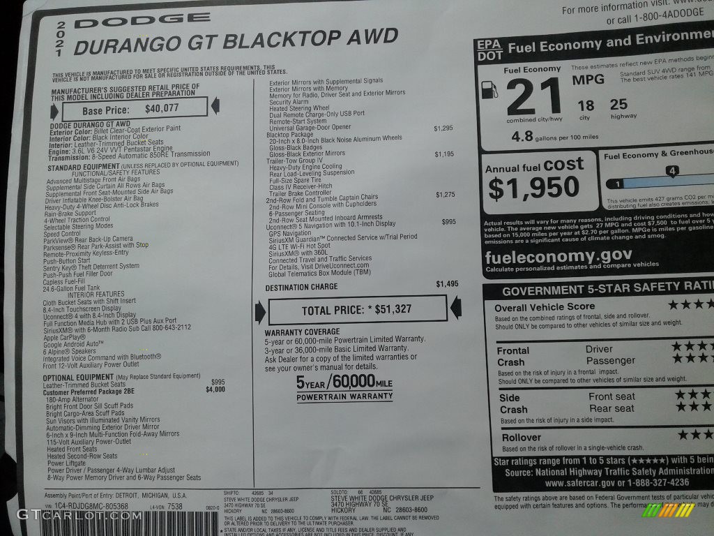 2021 Durango GT AWD - Billet Silver Metallic / Black photo #29