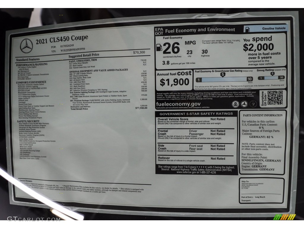 2021 Mercedes-Benz CLS 450 Coupe Window Sticker Photo #142883179