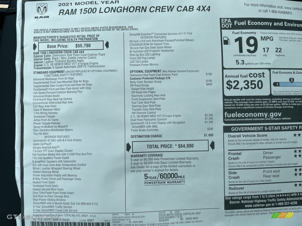 2021 Ram 1500 Long Horn Crew Cab 4x4 Window Sticker Photo #142923013