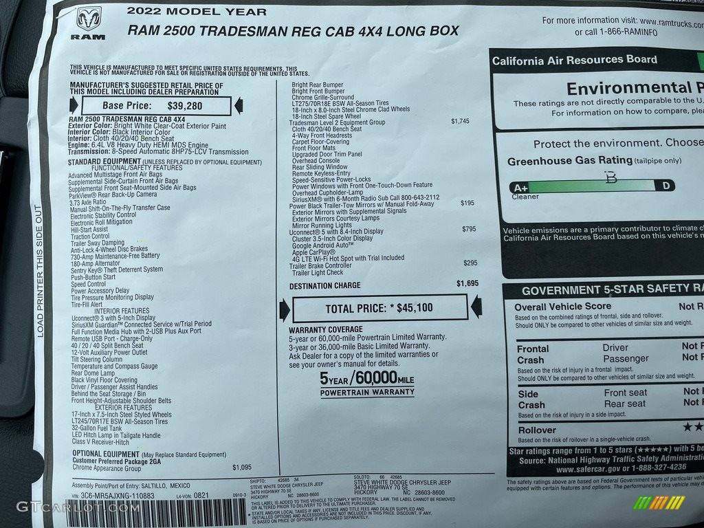 2022 Ram 2500 Tradesman Regular Cab 4x4 Window Sticker Photo #142928508