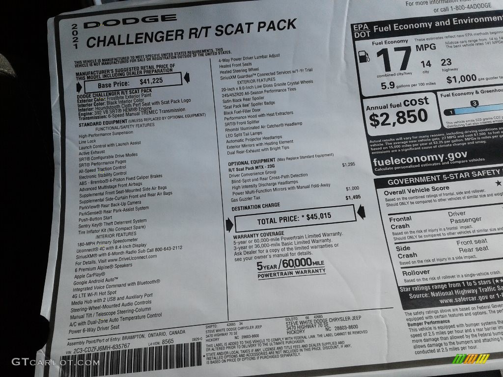 2021 Dodge Challenger R/T Scat Pack Window Sticker Photo #142929669