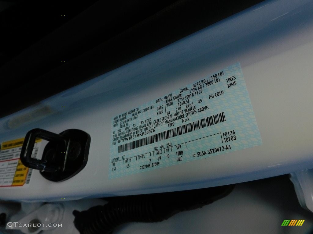 2021 F150 Color Code YZ for Oxford White Photo #142939314