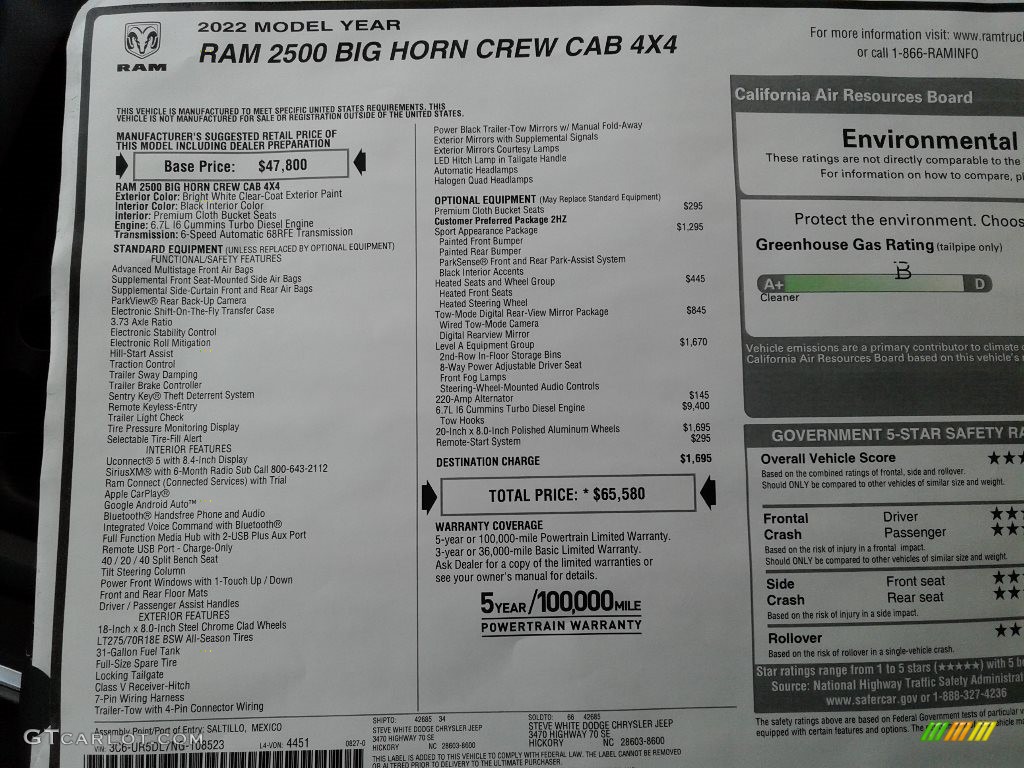 2022 Ram 2500 Big Horn Crew Cab 4x4 Window Sticker Photo #142947822