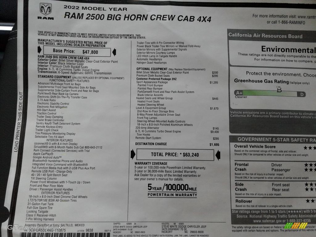 2022 Ram 2500 Big Horn Crew Cab 4x4 Window Sticker Photo #142957635