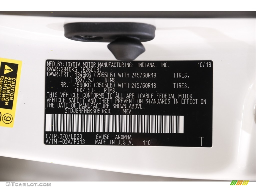 2019 Toyota Highlander Hybrid XLE AWD Color Code Photos