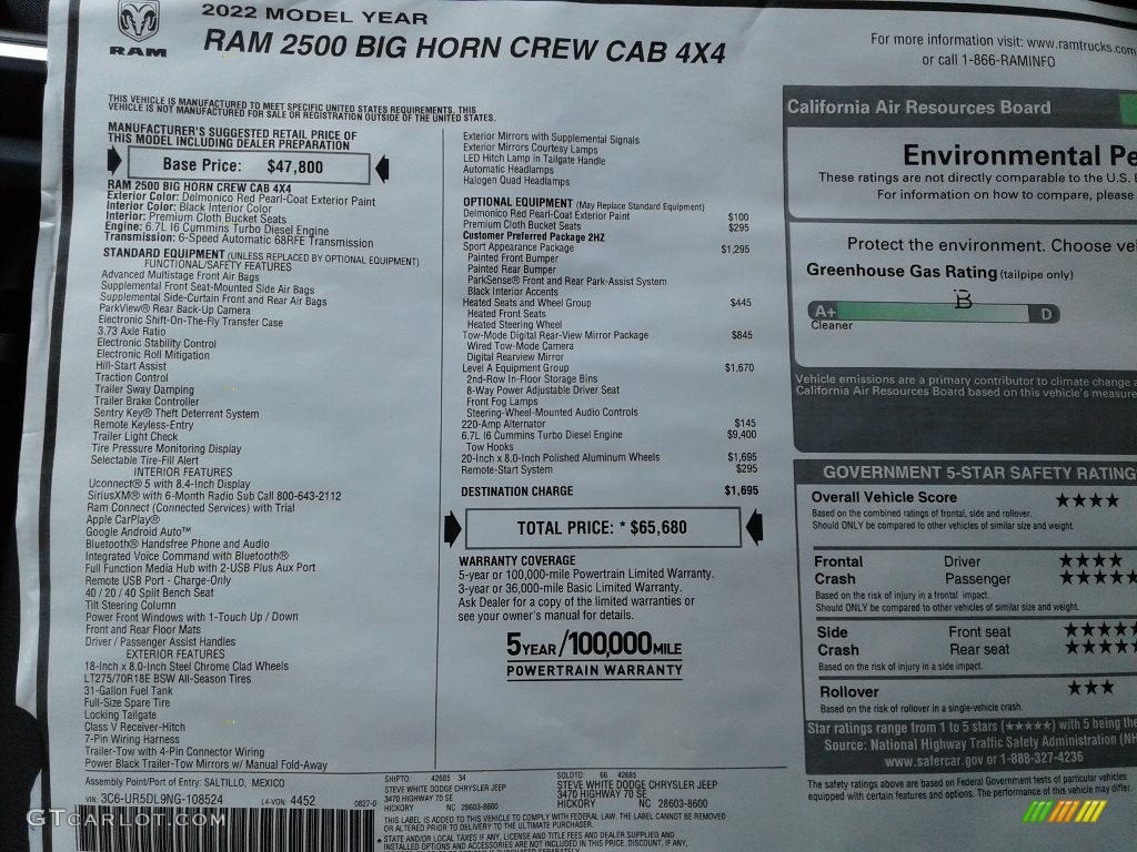 2022 Ram 2500 Big Horn Crew Cab 4x4 Window Sticker Photo #142977113