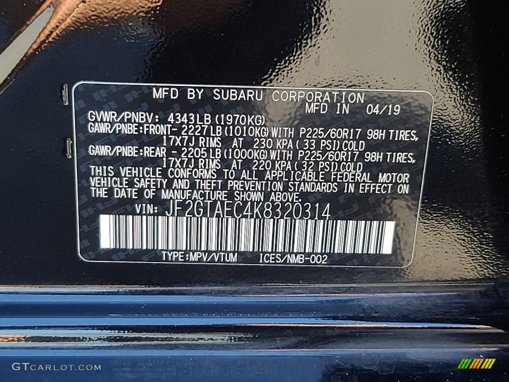 2019 Crosstrek 2.0i Premium - Crystal Black Silica / Black photo #37