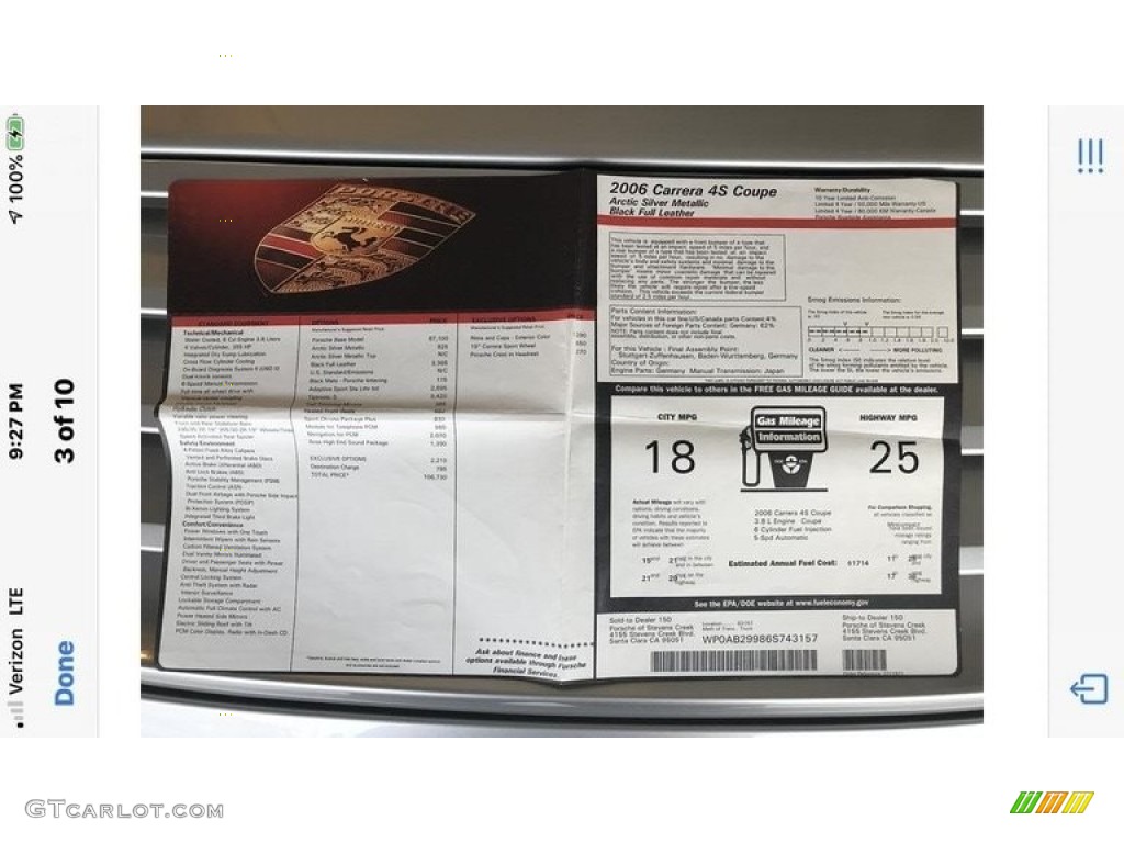 2006 Porsche 911 Carrera 4S Coupe Window Sticker Photo #142985389