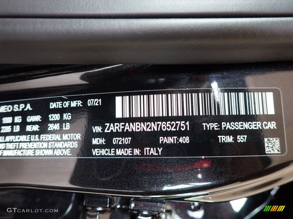 2022 Giulia Color Code 408 for Vulcano Black Metallic Photo #142995835