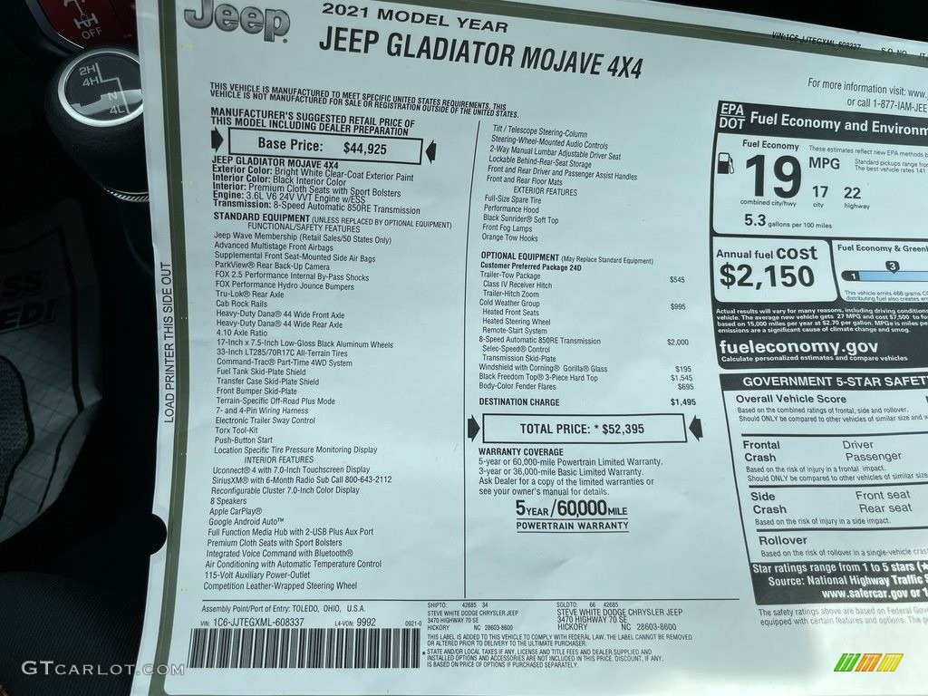 2021 Jeep Gladiator Mojave 4x4 Window Sticker Photo #143010215