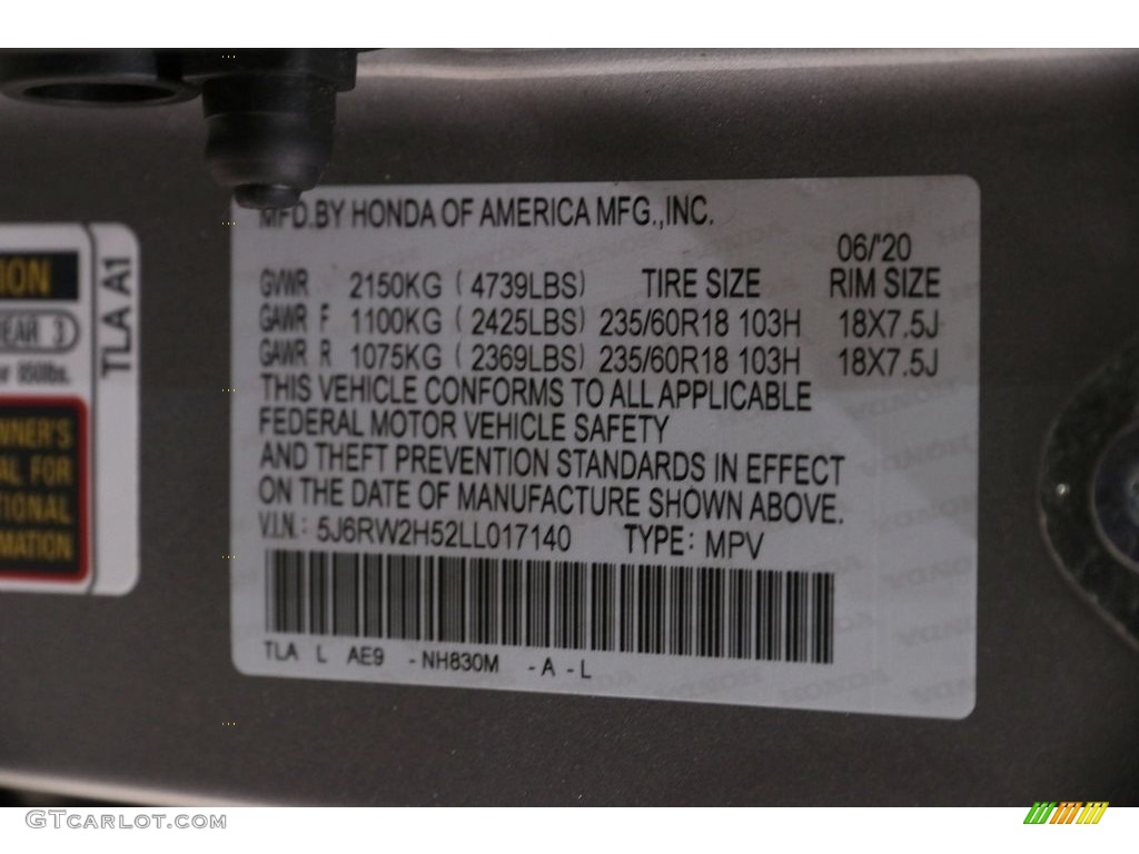 2020 CR-V Color Code NH830M for Lunar Silver Metallic Photo #143034886