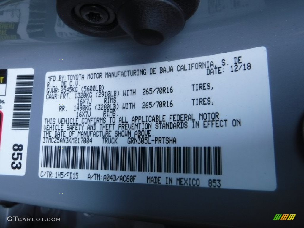 2019 Tacoma Color Code 1H5 for Cement Gray Photo #143046811