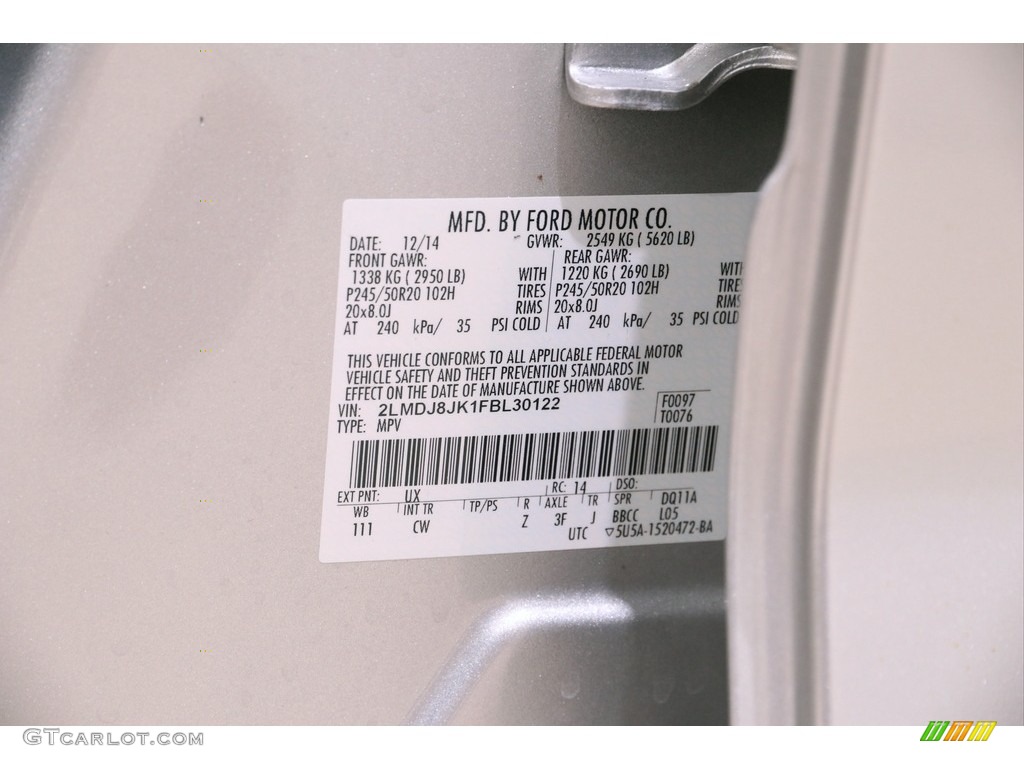 2015 MKX Color Code UX for Ingot Silver Metallic Photo #143057054