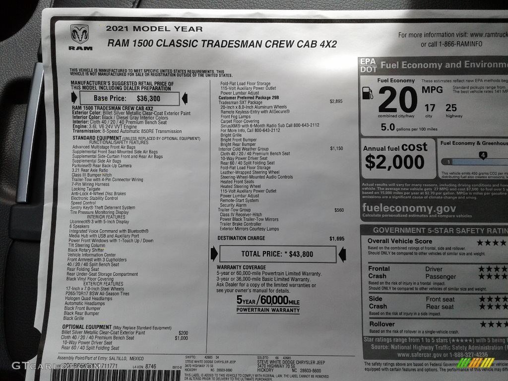 2021 Ram 1500 Classic Crew Cab Window Sticker Photo #143060684