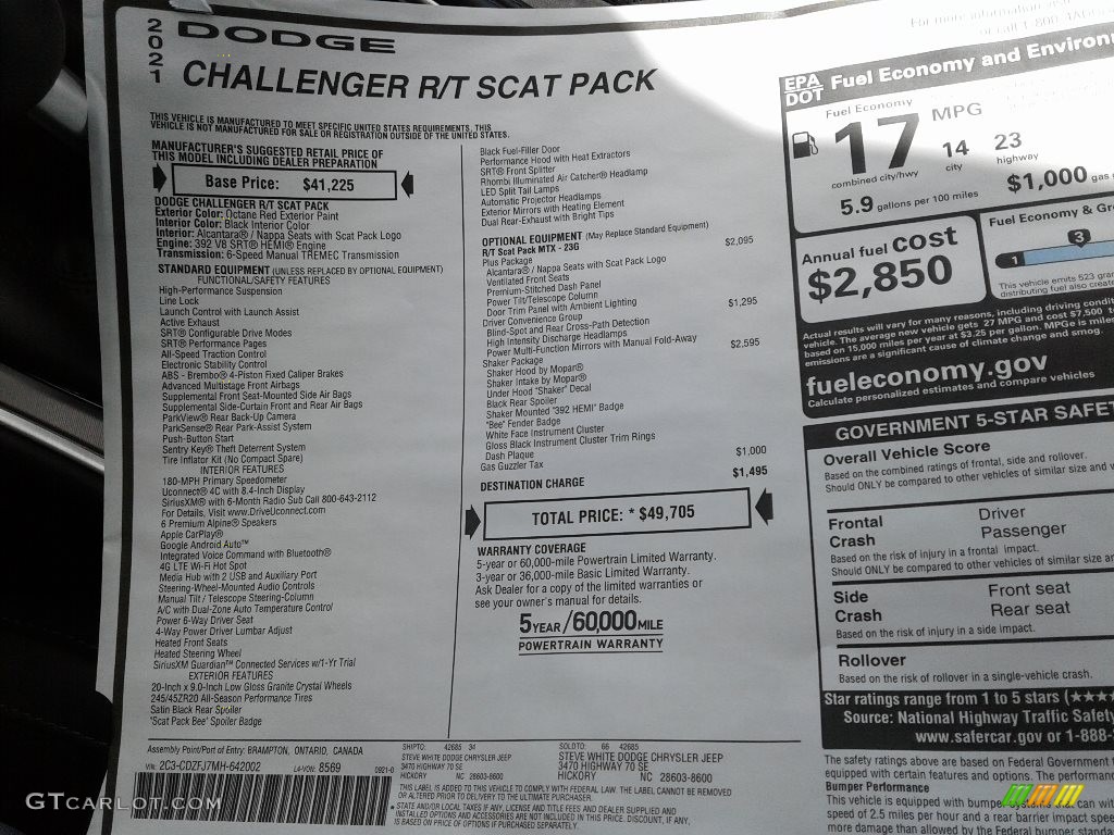 2021 Dodge Challenger R/T Scat Pack Shaker Window Sticker Photo #143069601