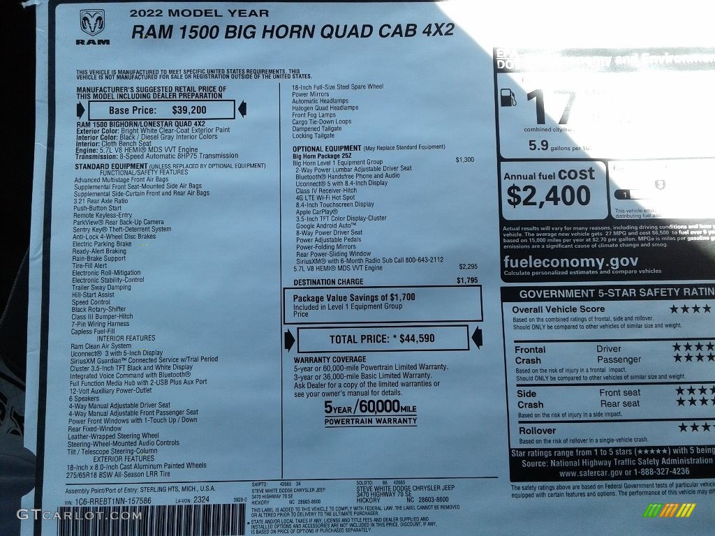 2022 Ram 1500 Big Horn Quad Cab Window Sticker Photo #143076617