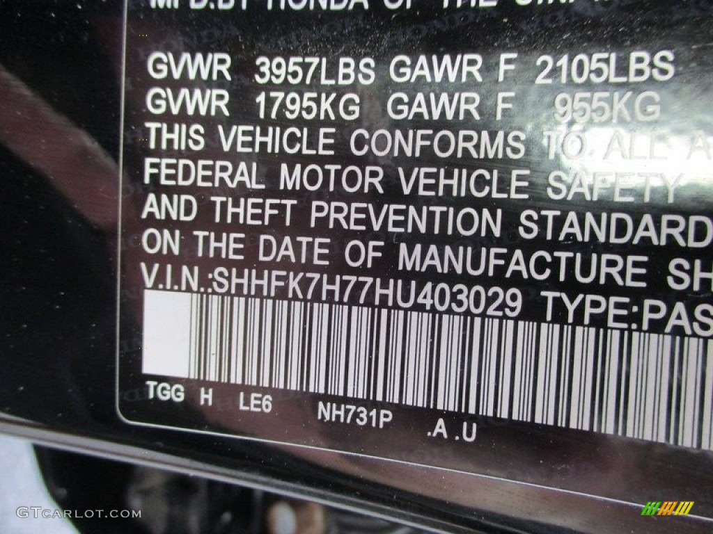 2017 Civic Color Code NH731P for Crystal Black Pearl Photo #143094527