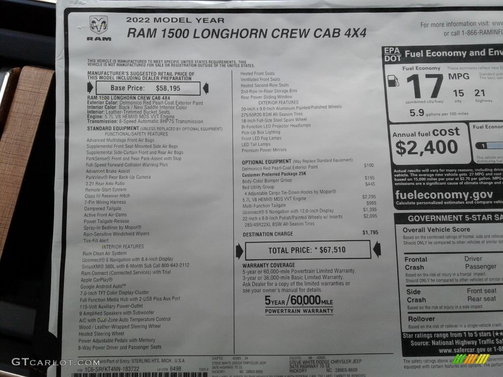 2022 Ram 1500 Limited Longhorn Crew Cab 4x4 Window Sticker Photos