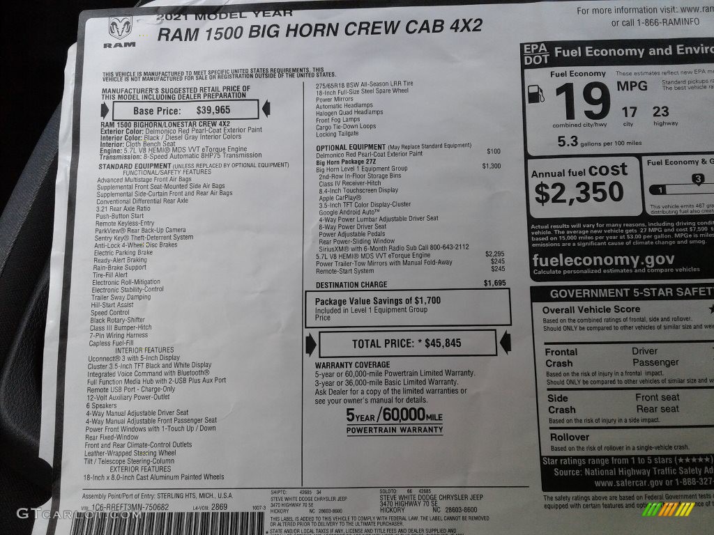 2021 Ram 1500 Big Horn Crew Cab Window Sticker Photo #143106155