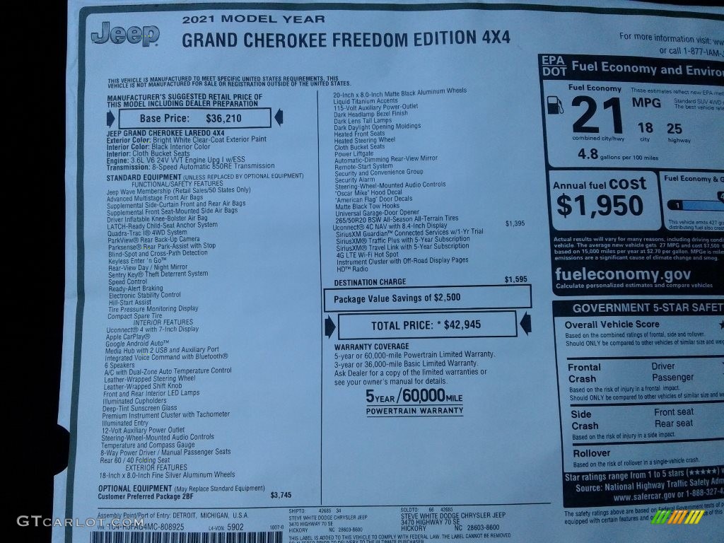 2021 Grand Cherokee Laredo 4x4 Freedom Edition - Bright White / Black photo #29