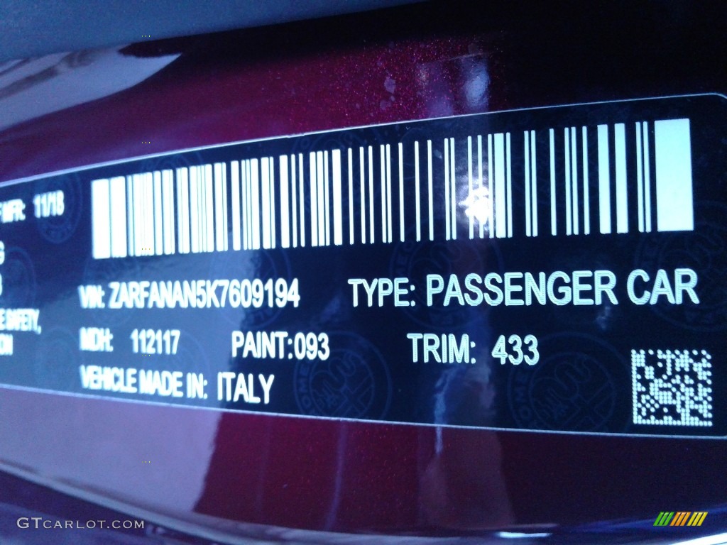 2019 Alfa Romeo Giulia AWD Color Code Photos